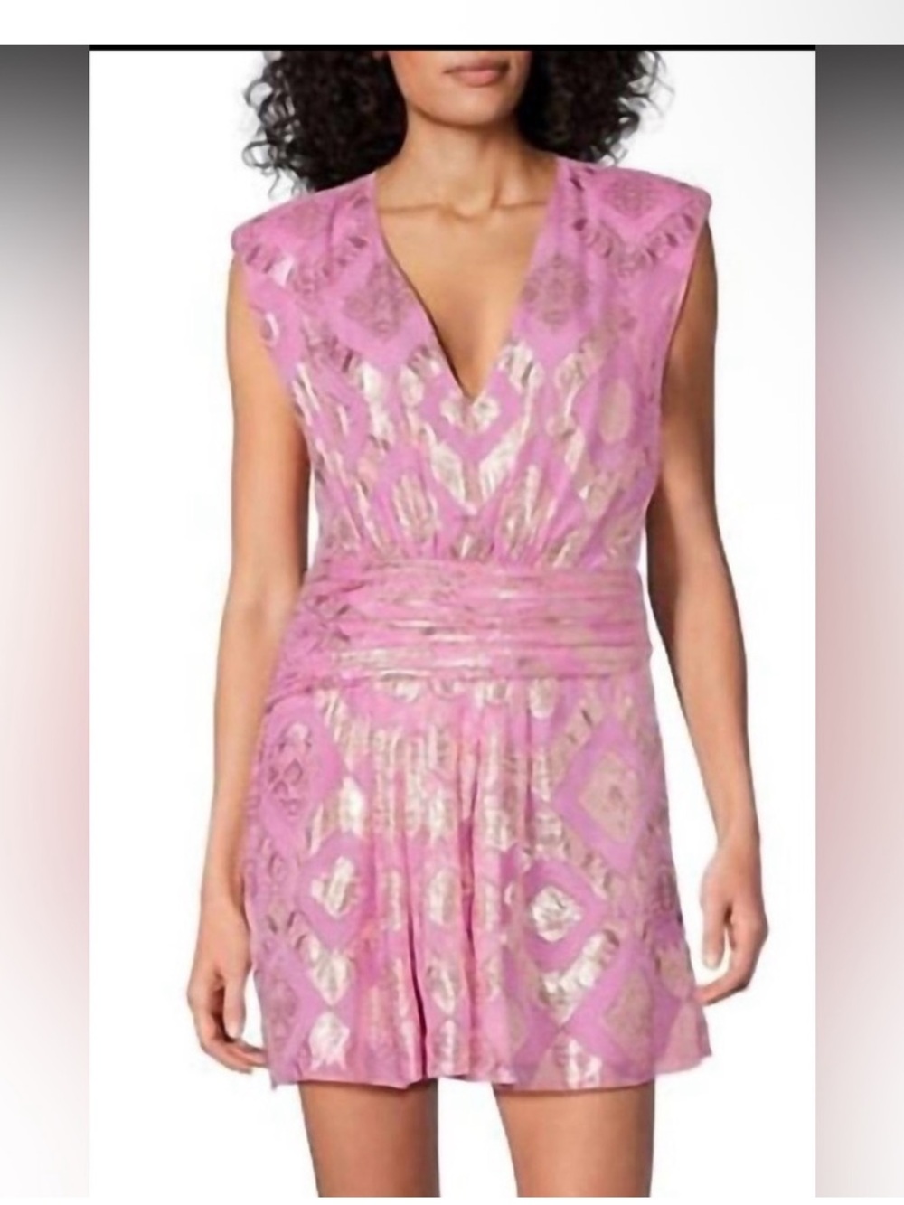 Ramy Brook size 4 Reina V Neck Silk Blend Dress with Gold Metallic Pattern